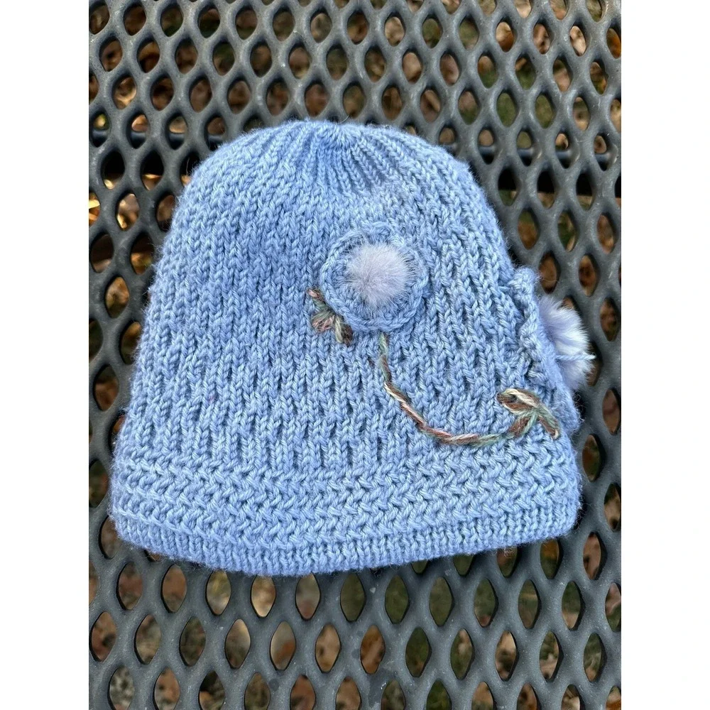 Hand knit Beanie with Knit‎ Lining & Faux Fur Flowers OS Kidcore